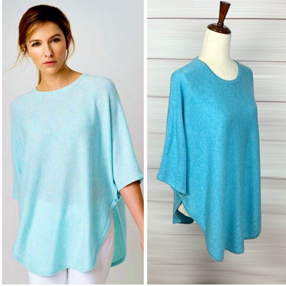 Kinross Cashmere Dolman Oversized Sweater Poncho Aqua Blue Side Buttons M